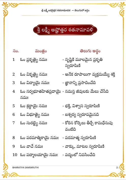 శ్రీ లక్ష్మీ అష్టోత్తర శతనామావళిలో శ్రీ మహాలక్ష్మీ దేవి 108 నామాలు ఉన్నాయి. ఇందులో అష్టోత్తర శతనామావళి మరియు ప్రతి నామానికి అర్థం చేర్చబడింది.