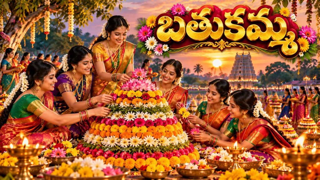 తెలంగాణ బతుకమ్మ పండుగ – రంగురంగుల పూలతో అలంకరించిన బతుకమ్మ