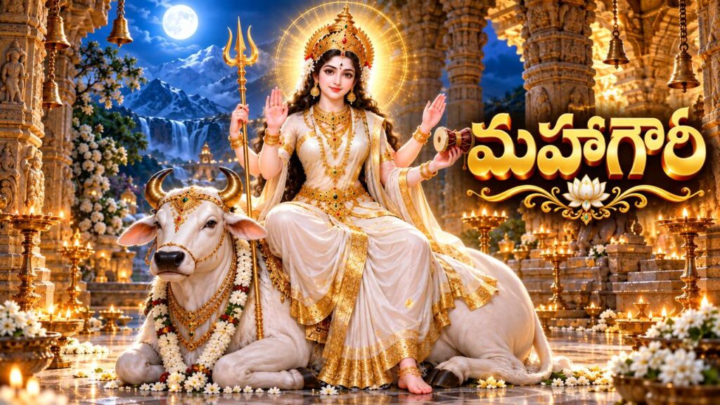 మహాగౌరి దేవి – నవదుర్గలలో ఎనిమిదవ రూపం, తెల్లని వర్ణంతో వృషభ వాహనంపై