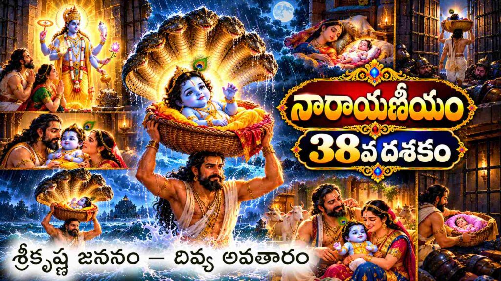 నారాయణీయం 38వ దశకం – శ్రీకృష్ణ జననం మరియు వసుదేవుని ప్రయాణం