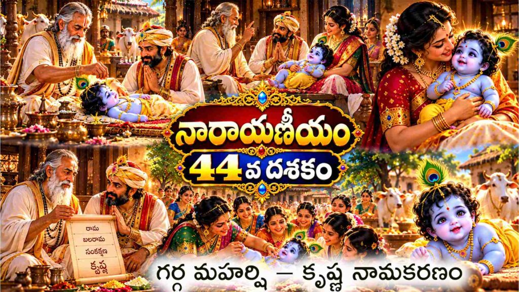 నారాయణీయం 44వ దశకమ్ నామకరణసంస్కారాది – గర్గ మహర్షి శ్రీకృష్ణ బలరాములకు నామకరణ సంస్కారం నిర్వహిస్తున్న దృశ్యం