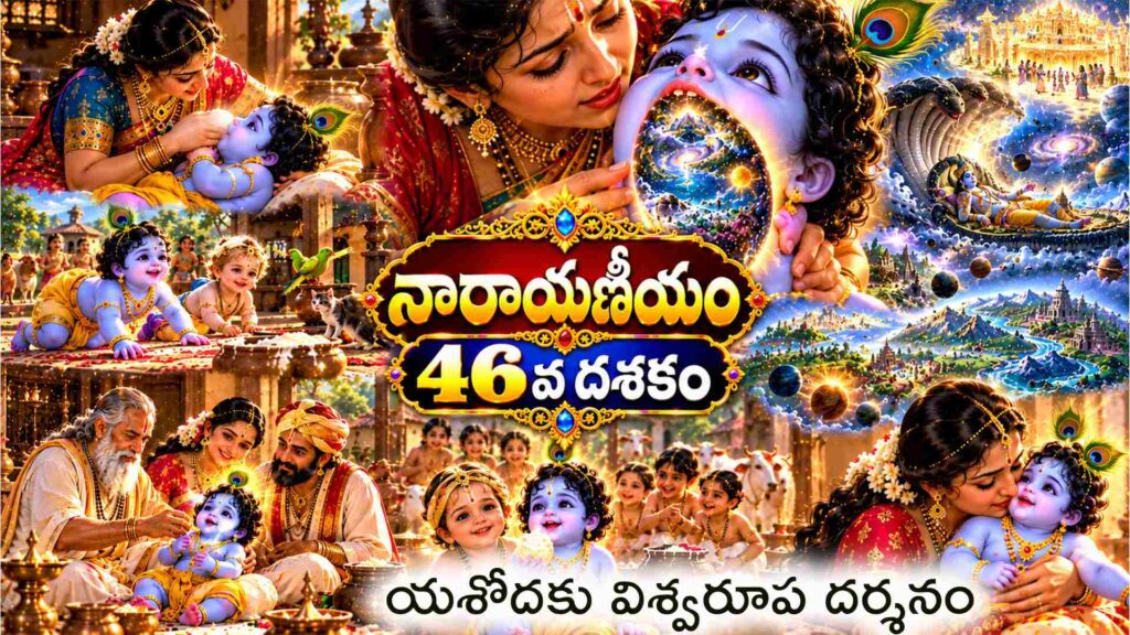 నారాయణీయం 46వ దశకమ్ విశ్వరూపదర్శనమ్ – బాలకృష్ణుని నోటిలో సమస్త విశ్వాన్ని దర్శిస్తున్న యశోదమ్మ