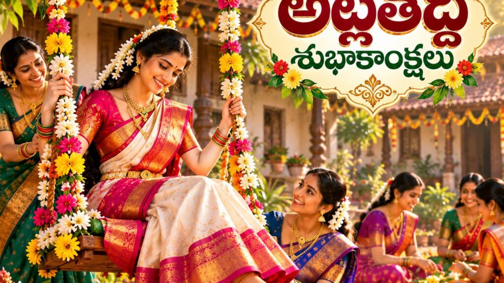 అట్లతద్ది పండుగ సందర్భంగా గౌరీదేవికి పూజ చేస్తూ అట్లు నైవేద్యంగా సమర్పిస్తున్న మహిళలు